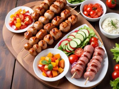 Barbecue estival : Brochettes de poulet, saucisses et salade de crudités