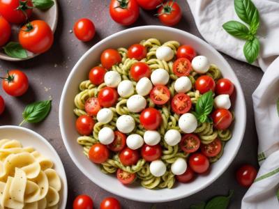 Salade de Pâtes Froides au Pesto, Tomates Cerises et Mozzarella