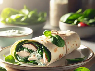 Wrap au poulet froid, épinards frais, et sauce au yaourt et herbes