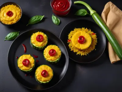 Bouchées de Courgette Fleur et Curry Rouge sur Lit de Riz Noir Venere