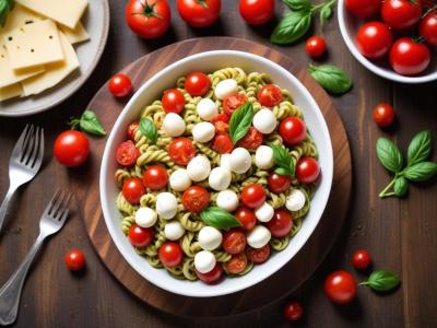 Salade de Pâtes au Pesto, Tomates Cerises et Mozzarella