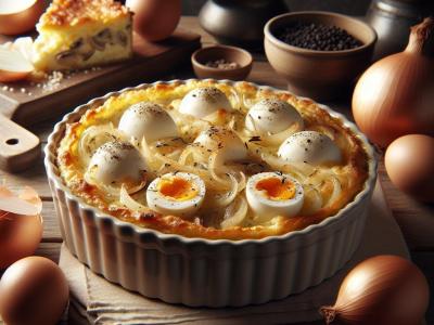Gratin d'œufs durs, compotée oignons & champignons