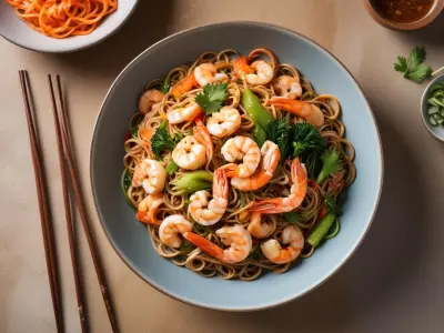 Wok de crevettes à l’ail et nouilles soba