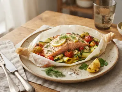 Papillote de saumon aux courgettes et tomates confites