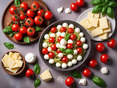Salade de pâtes au pesto, tomates cerises et mozzarella