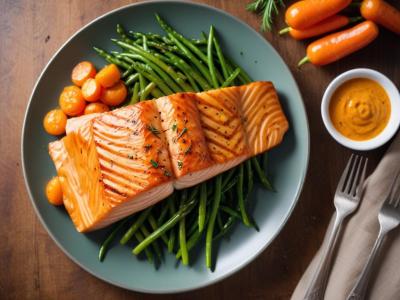 Saumon Grillé, Purée de Carottes Nouvelles et Haricots Verts