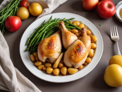 Poulet rôti fermier, pommes de terre grenaille et haricots verts frais