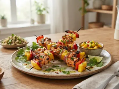 Brochettes de crevettes et mangue marinées au piment et citron vert