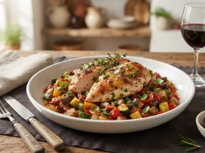 Poêlée de ratatouille confite et blancs de poulet rôti aux herbes