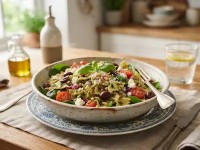 Salade de pâtes méditerranéenne au pesto et pignons grillés