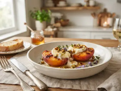 Pêches rôties au fromage de chèvre et au miel de lavande