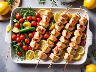 Brochettes de Poulet Marinées au Citron et Herbes, Légumes Grillés