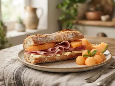 Sandwich baguette croustillante au jambon supérieur, beurre frais et melon juteux