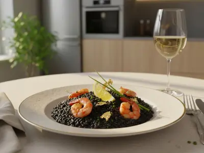 Risotto Noir aux Gambas et Éclats d'Or