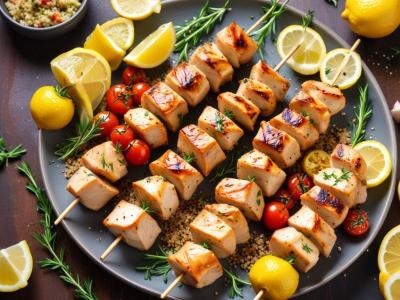 Brochettes de Poulet Marinées au Citron et Herbes, Quinoa et Légumes Grillés