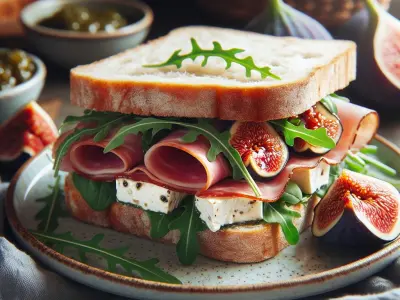 Sandwich au jambon de pays, fromage de chèvre frais, roquette et chutney de figues