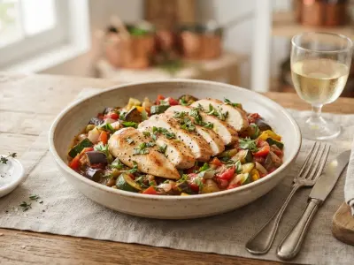 Poêlée de ratatouille provençale et filets de poulet dorés