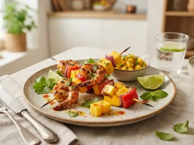 Brochettes de crevettes marinées au citron vert et mangue fraîche
