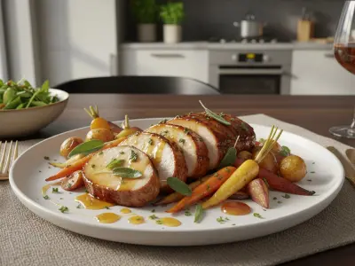 Rôti de porc caramélisé au miel et à la sauge