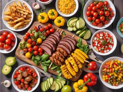 Barbecue estival : Grillades variées, salades fraîches et légumes du soleil