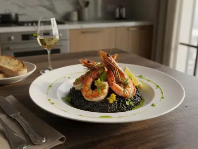 Risotto à l'Encre de Seiche et Gambas Grillées