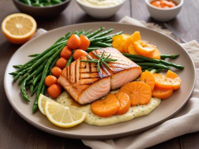 Saumon Grillé, Purée de Carottes Nouvelles et Haricots Verts