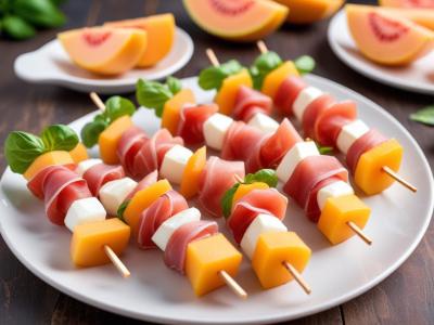 Mini Brochettes Melon, Jambon Cru et Mozzarella