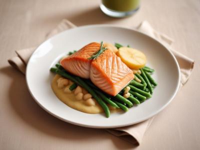 Filet de saumon poêlé, purée de pommes de terre nouvelles et haricots verts