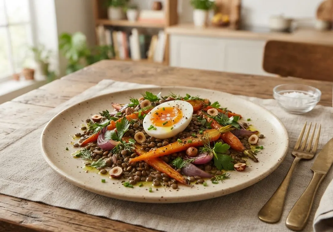 Salade de lentilles tièdes aux carottes et œuf dur