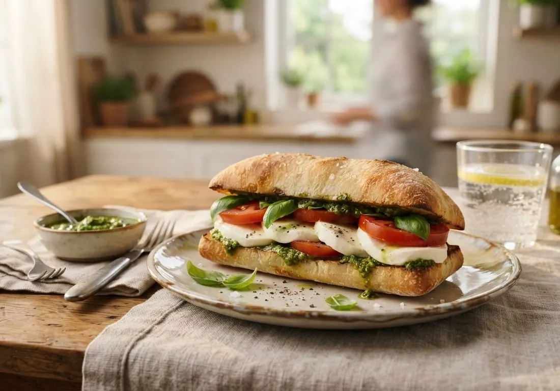 Sandwich ciabatta à la mozzarella, tomate et pesto