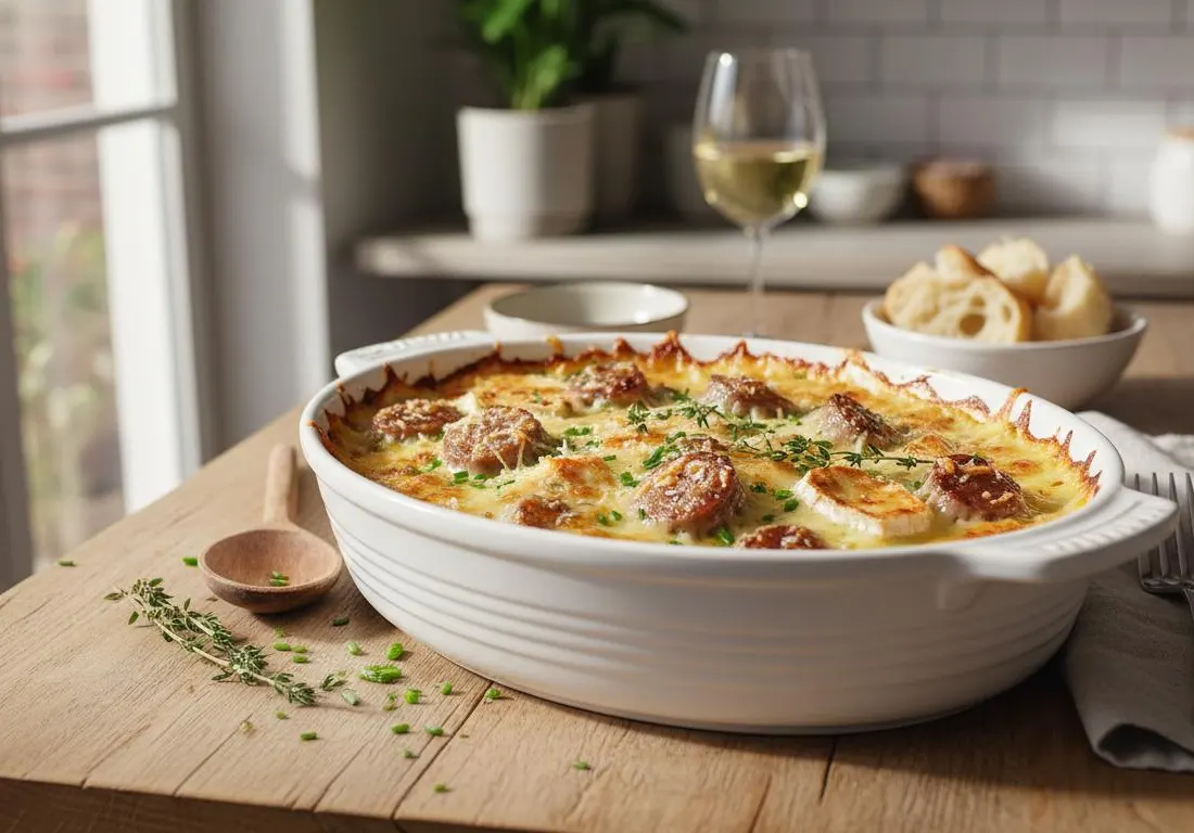 Gratin d'Andouillettes aux Poireaux, Duo de Fromages et Coco
