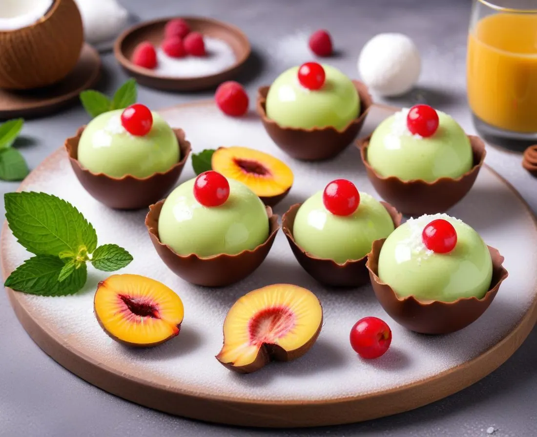 Sphères Glacées au Lait de Coco et Fruit de la Passion, Éclats de Menthe Chocolat