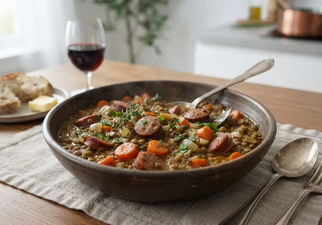 Mijoté de lentilles vertes aux saucisses et légumes