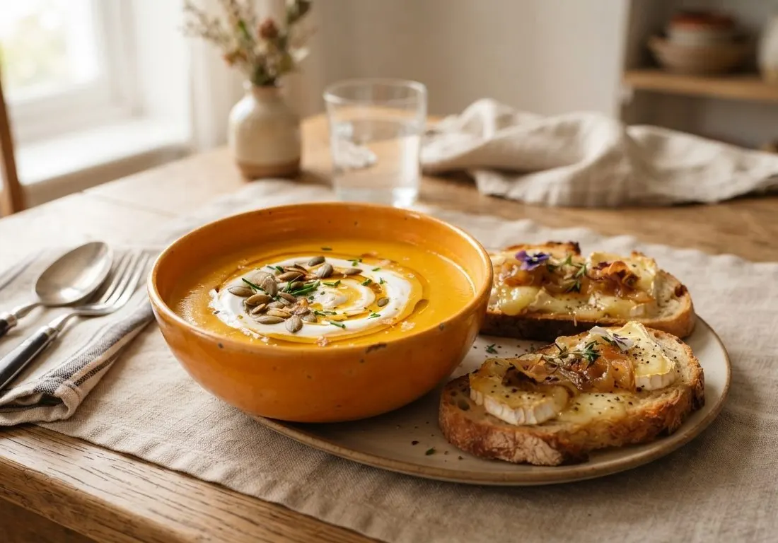 Velouté de potimarron et tartines au fromage de chèvre