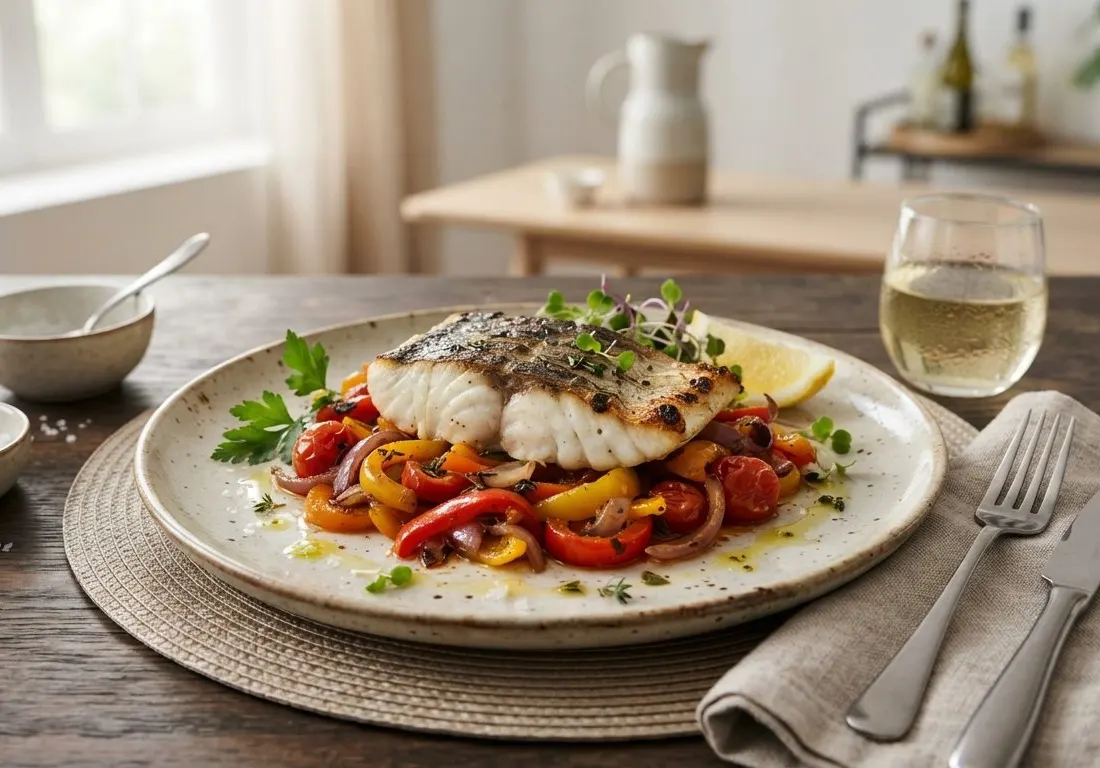 Filet de poisson grillé et sa poêlée fondante de poivrons colorés