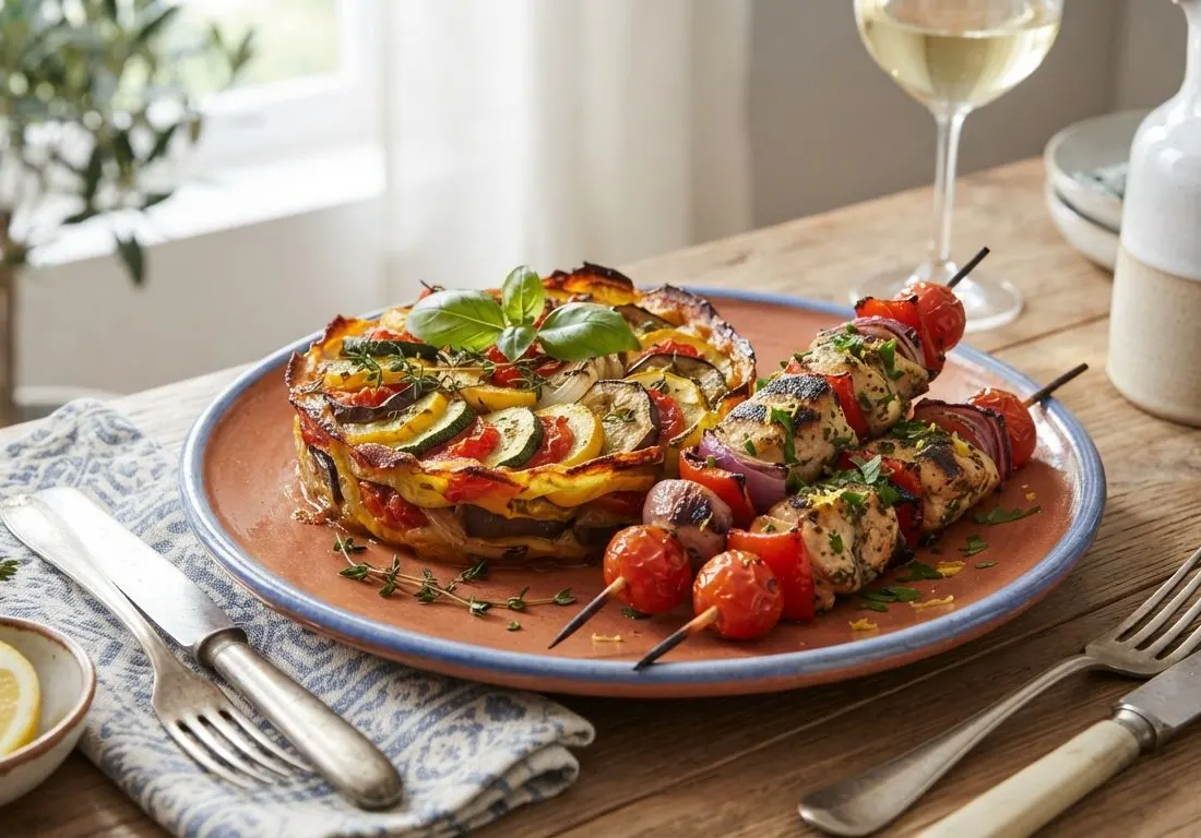 Tian de légumes d'été et brochettes de poulet marinées