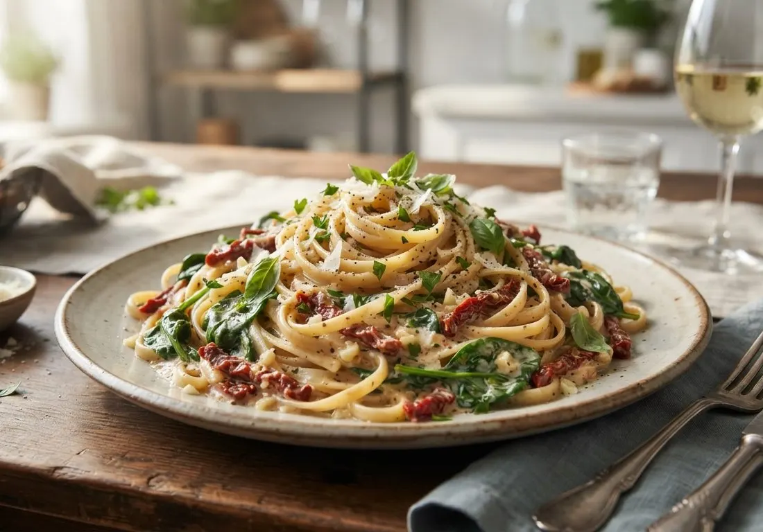 Linguine à la toscane, aux tomates séchées et épinards