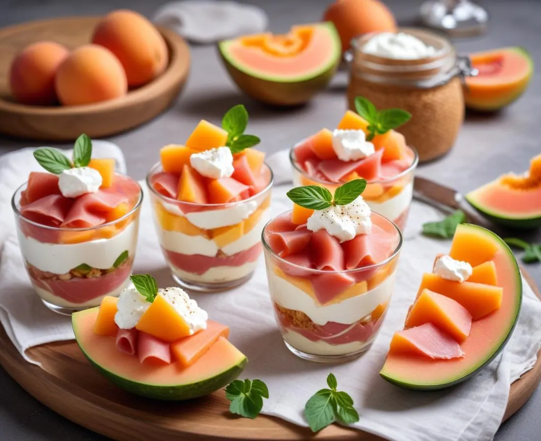 Verrines de Jambon Cru, Melon et Ricotta