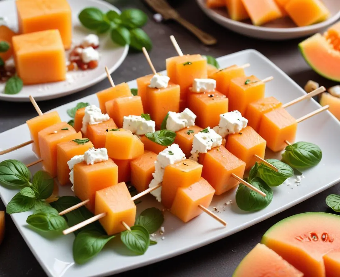 Brochettes de Melon Fumé à la Menthe et Feta Épicée