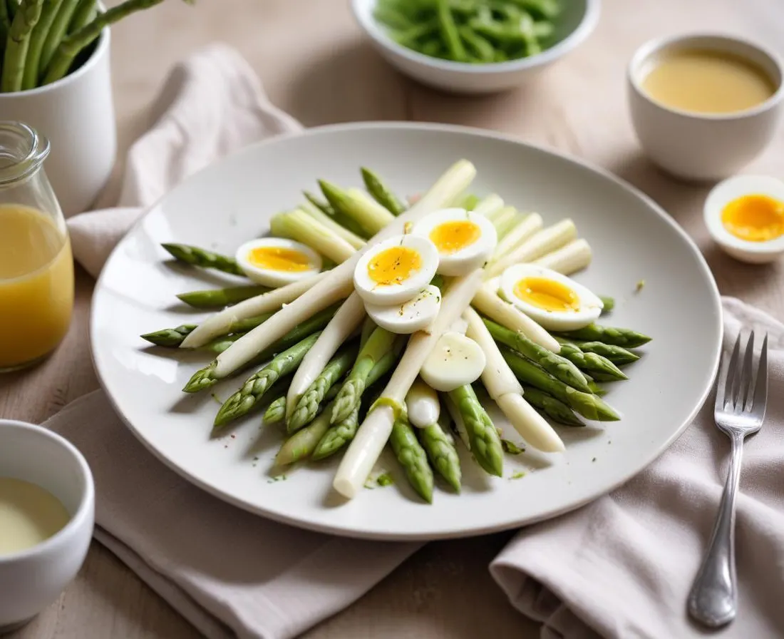 Salade d’asperges blanches, œufs pochés et vinaigrette à l’échalote