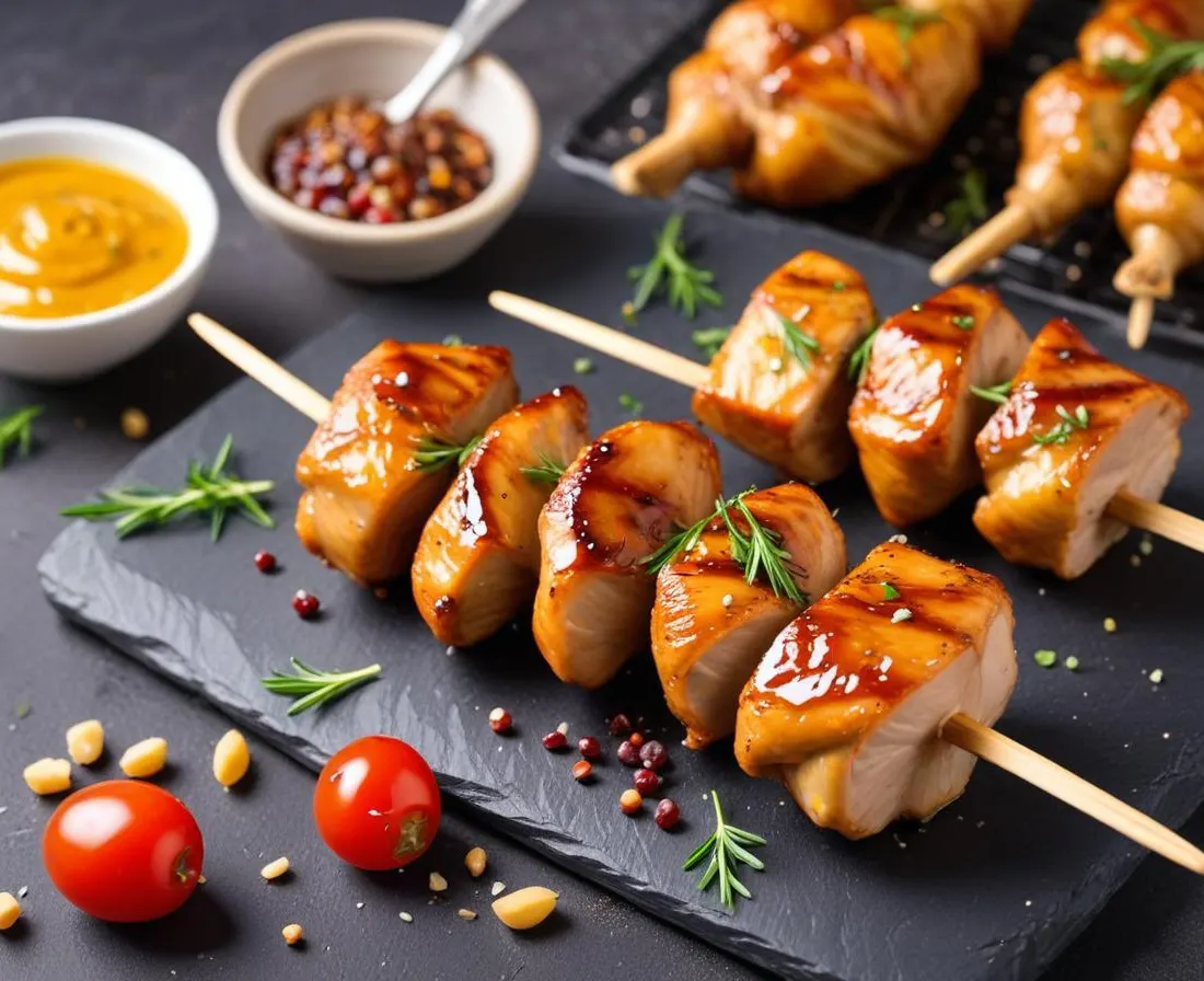 Brochettes de poulet miel-moutarde et graines de sésame