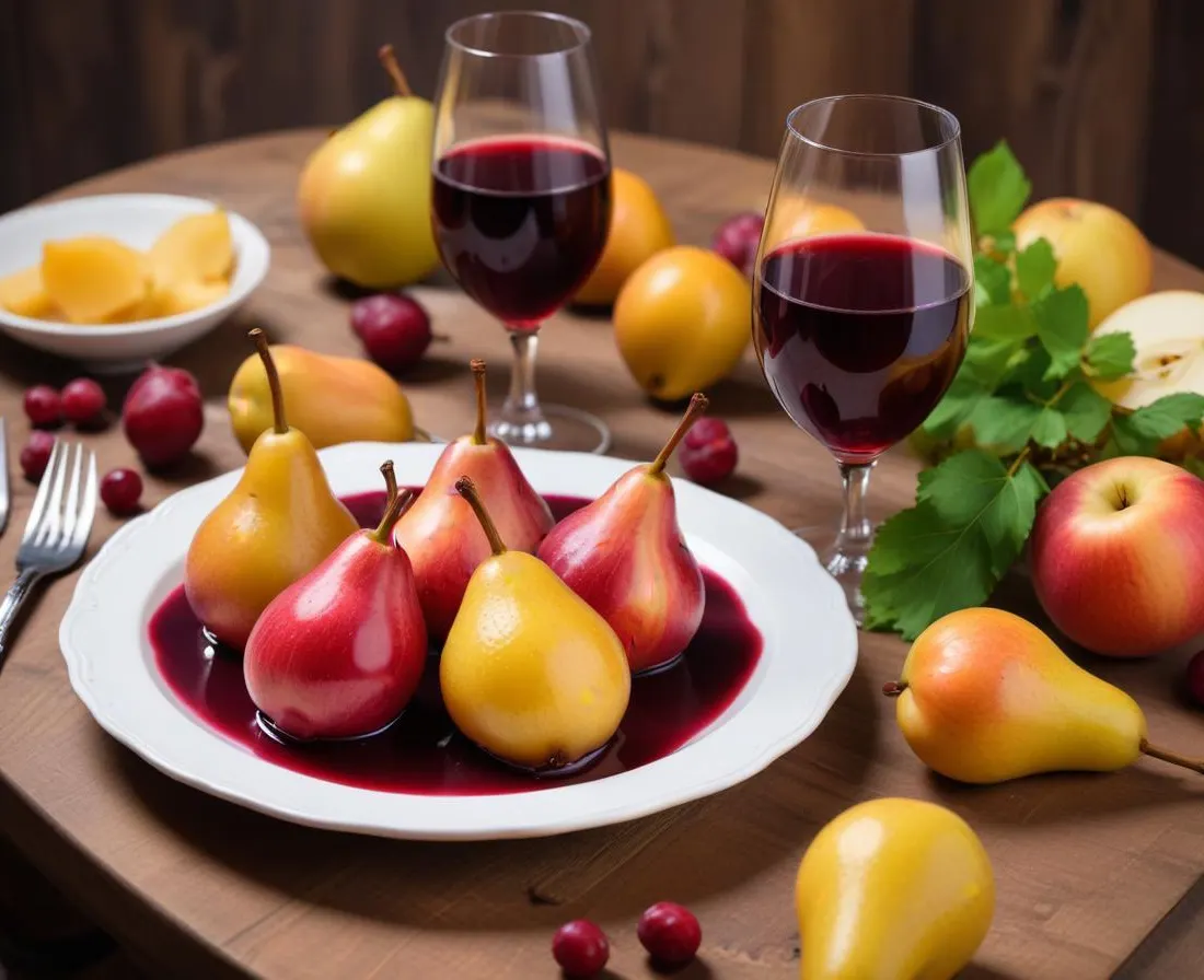 Poires Belle Hélène revisitées au Vin Rouge