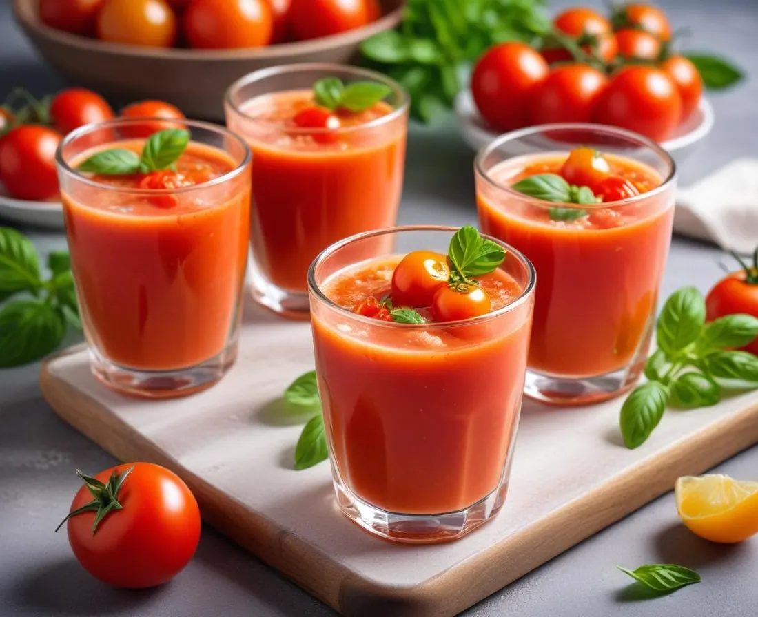 Verrines de Gaspacho de Tomates et Crème Fouettée au Basilic