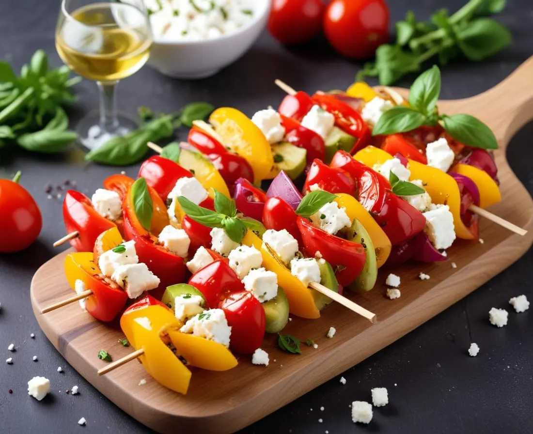 Brochettes de poivrons multicolores et feta marinée