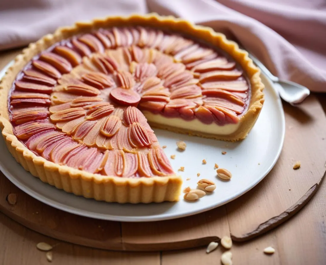 Tarte fine à la rhubarbe et amandes caramélisées