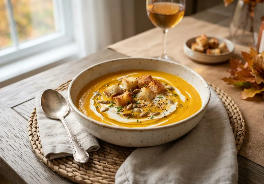 Velouté de potiron et croûtons, soupe d'automne traditionnelle