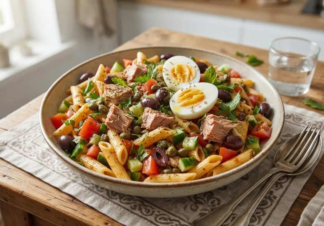Salade de pâtes à la tunisienne, thon, œufs durs et harissa