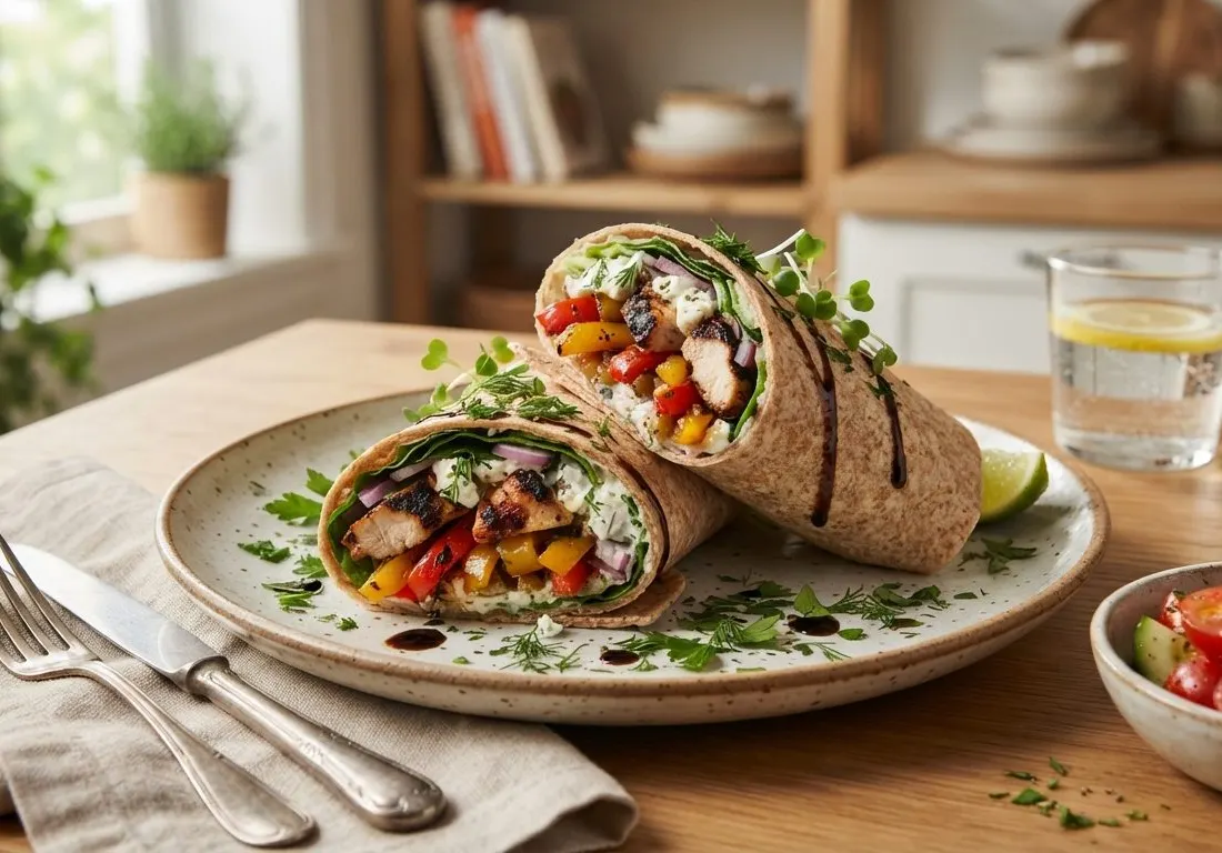 Wrap au poulet grillé, poivrons et fromage frais