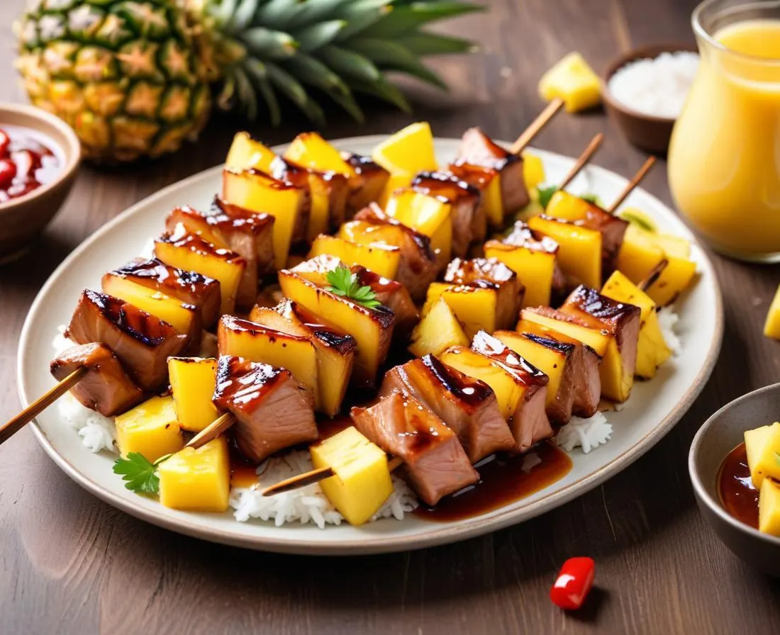 Brochettes de porc et ananas grillé sauce teriyaki