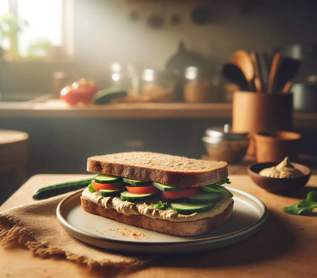 Sandwich au pain complet, houmous et crudités